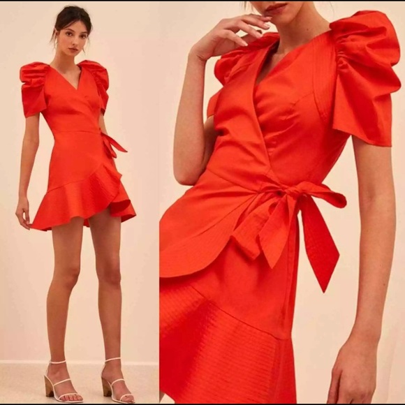 C/MEO Collective Dresses & Skirts - C/MEO COLLECTIVE motivations' Puff Sleeve Ruffle Hem Wrap Dress In Red